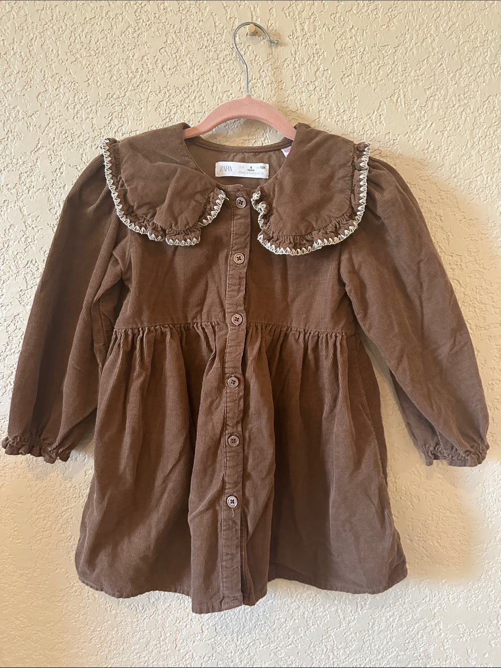 ZARA Brown Corduroy Button-Front Dress with Decorative Collar